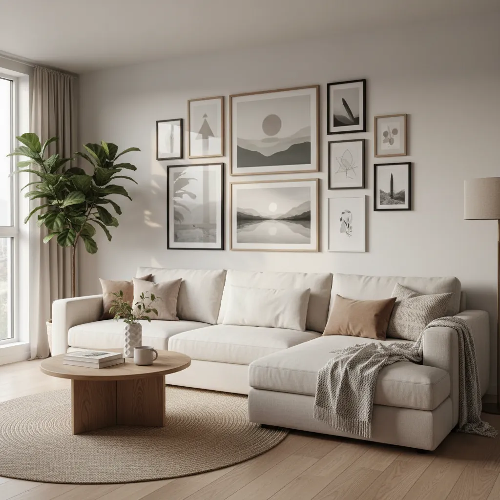 Modern living room with cream sofa, round coffee table, green plant, and gallery wall art
