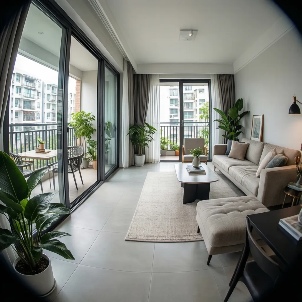 Modern living room featuring beige sofa grey footrest wooden coffee table and large sliding doors