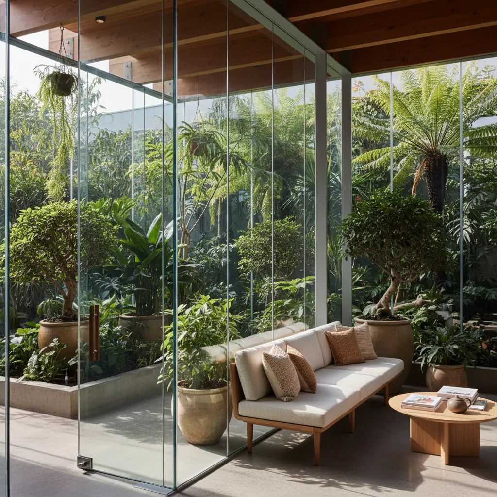 Galería interior con plantas y zona de descanso