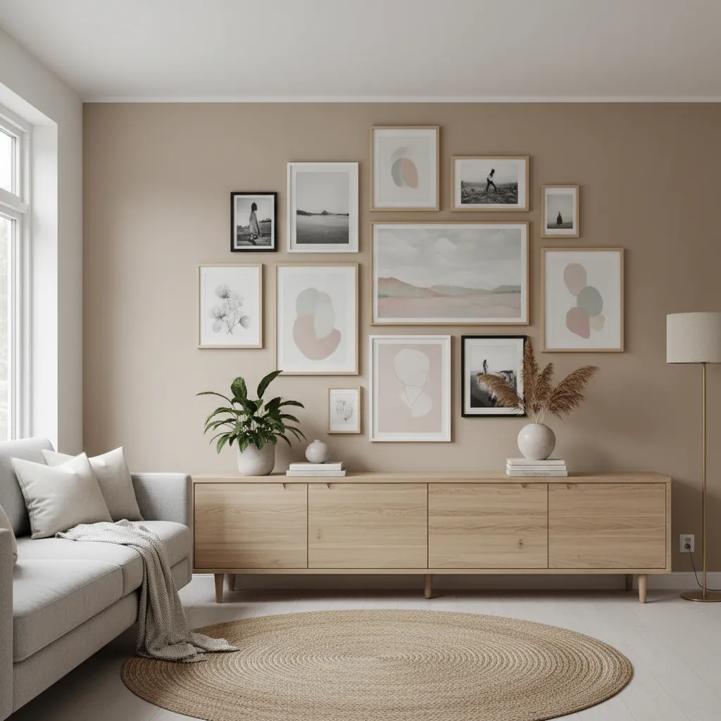 Galería de marcos decorativos en una pared de salón