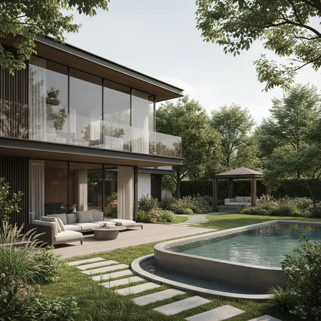 Modern house with swimming pool outdoor sofa on patio green lawn and large glass windows