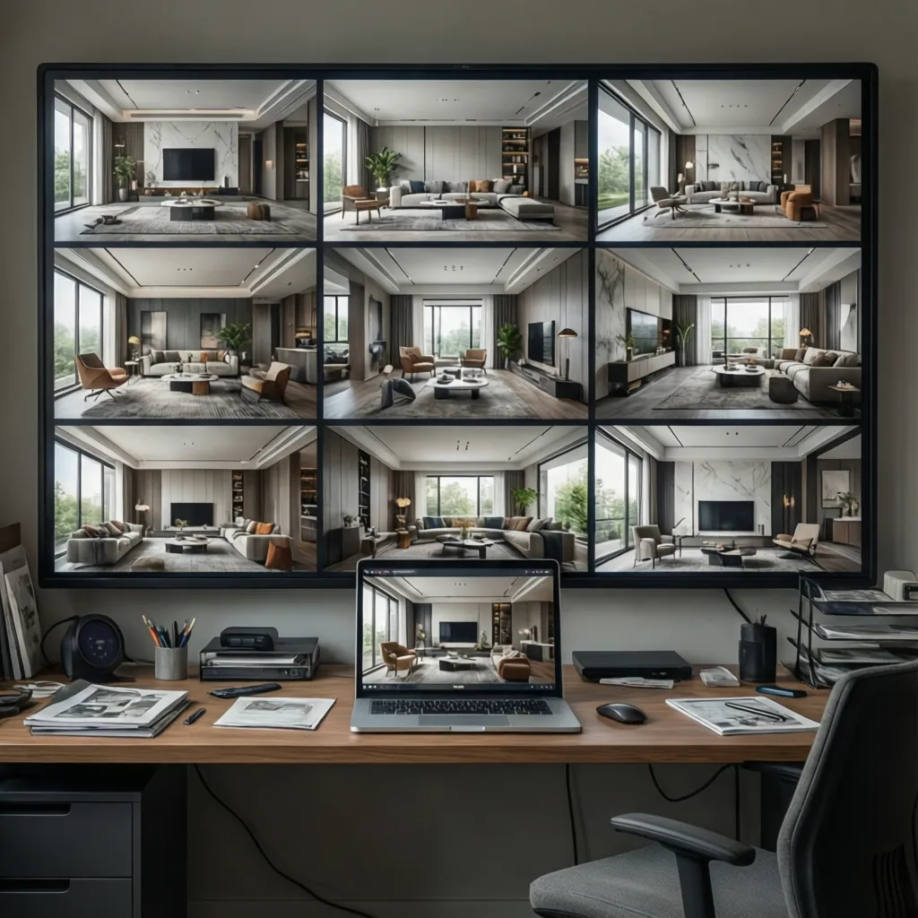 Galería digital con múltiples proyectos de interiorismo en pantalla
