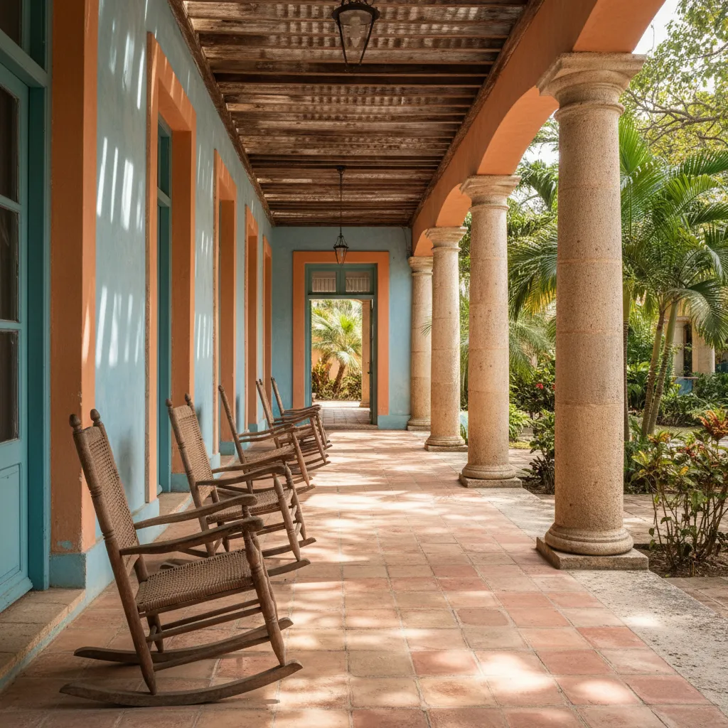Galería o portal cubano que protege la casa del sol tropical