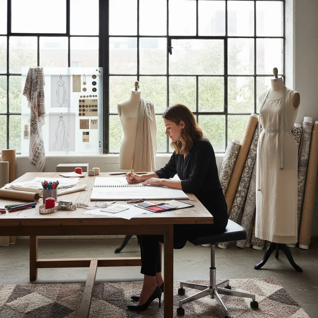 Diseñador de moda dibujando bocetos de colección en estudio