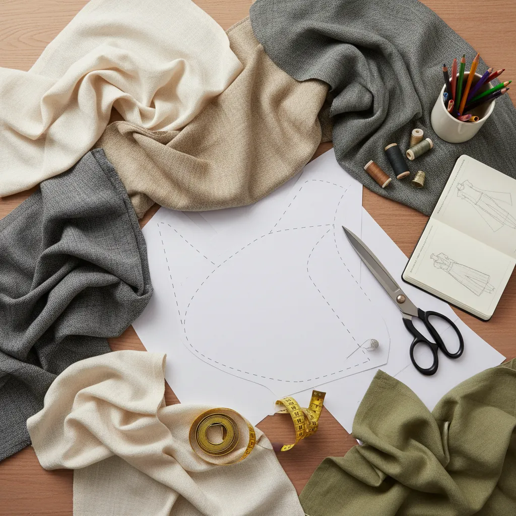 Mesa de trabajo con telas, patrones y herramientas de diseño