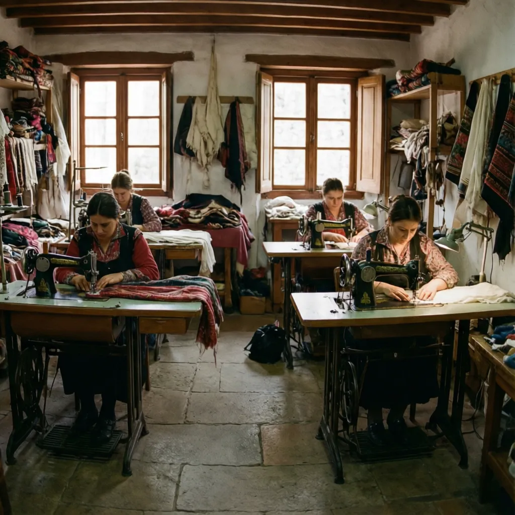 Taller textil tradicional en Galicia con costureras trabajando