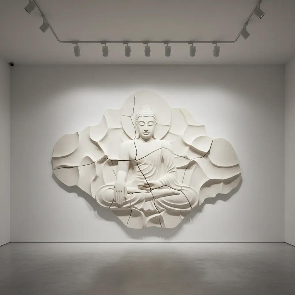 Track lighting angled onto sculptural wall art in gallery