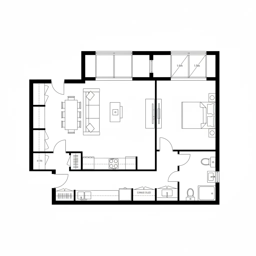 One bedroom apartment room layout showing living room dining area kitchen bedroom bathroom and closets