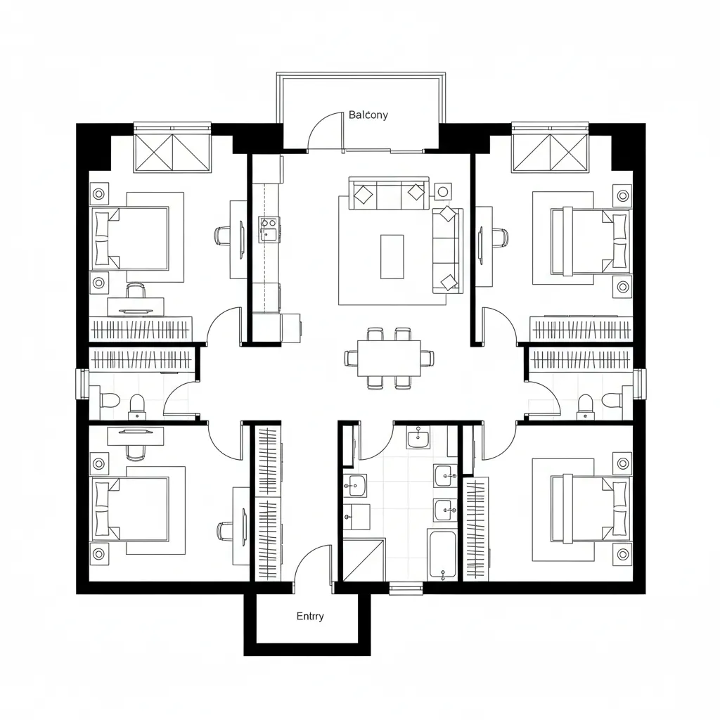 Top-down CAD plan showing a 5-foot gallery spine with split bedroom clusters