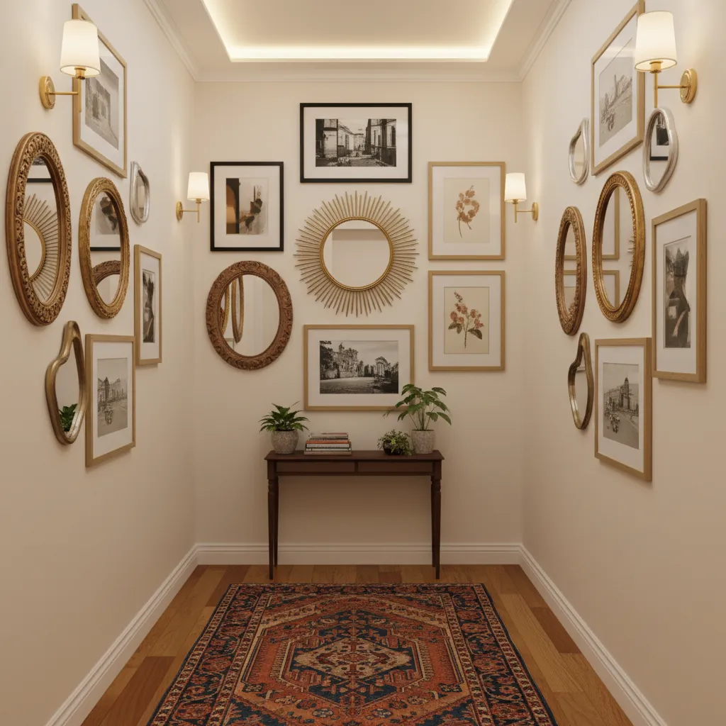 decorative gallery wall with mixed mirrors and frames in hallway