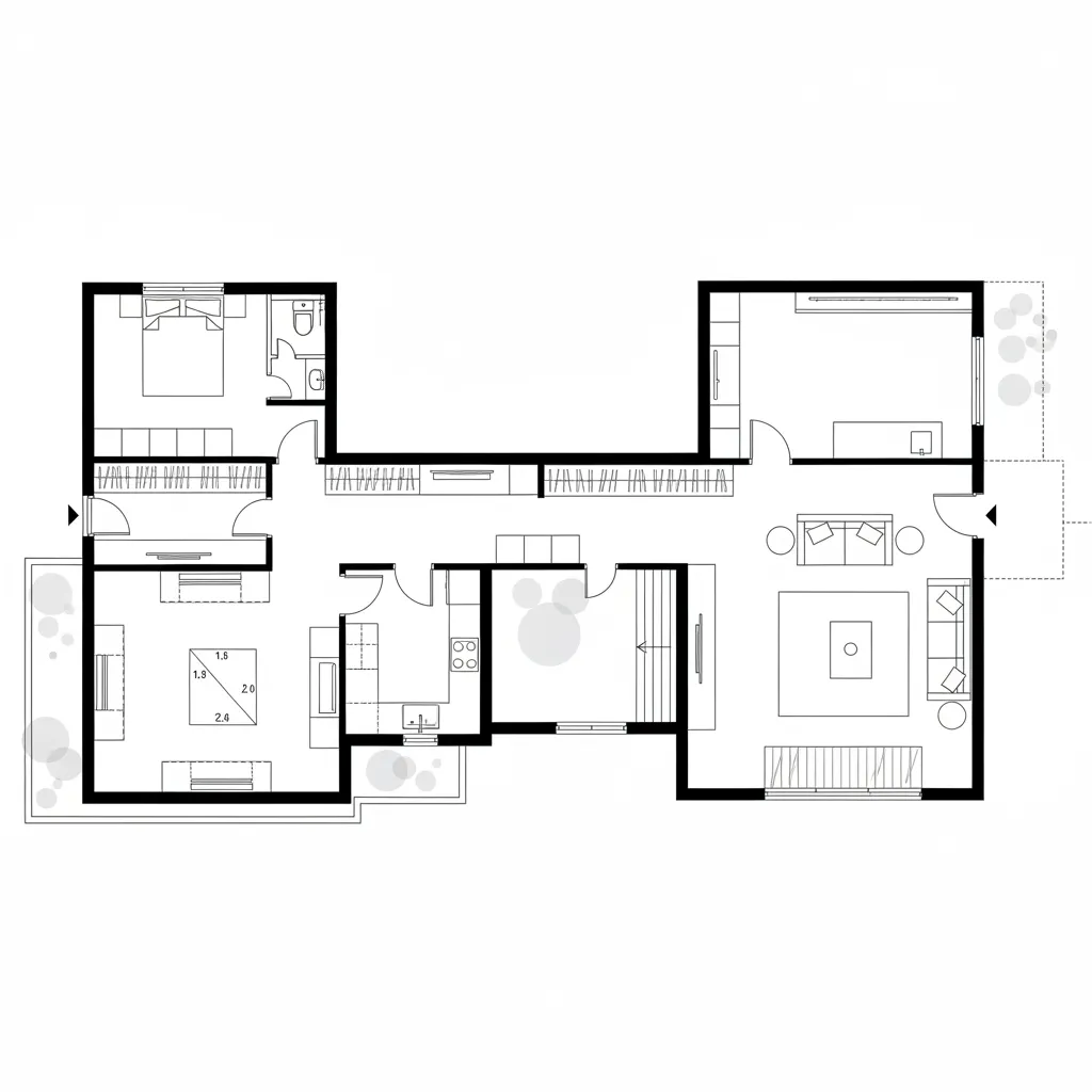 Top-down CAD plan with gallery spine and branching courtyards