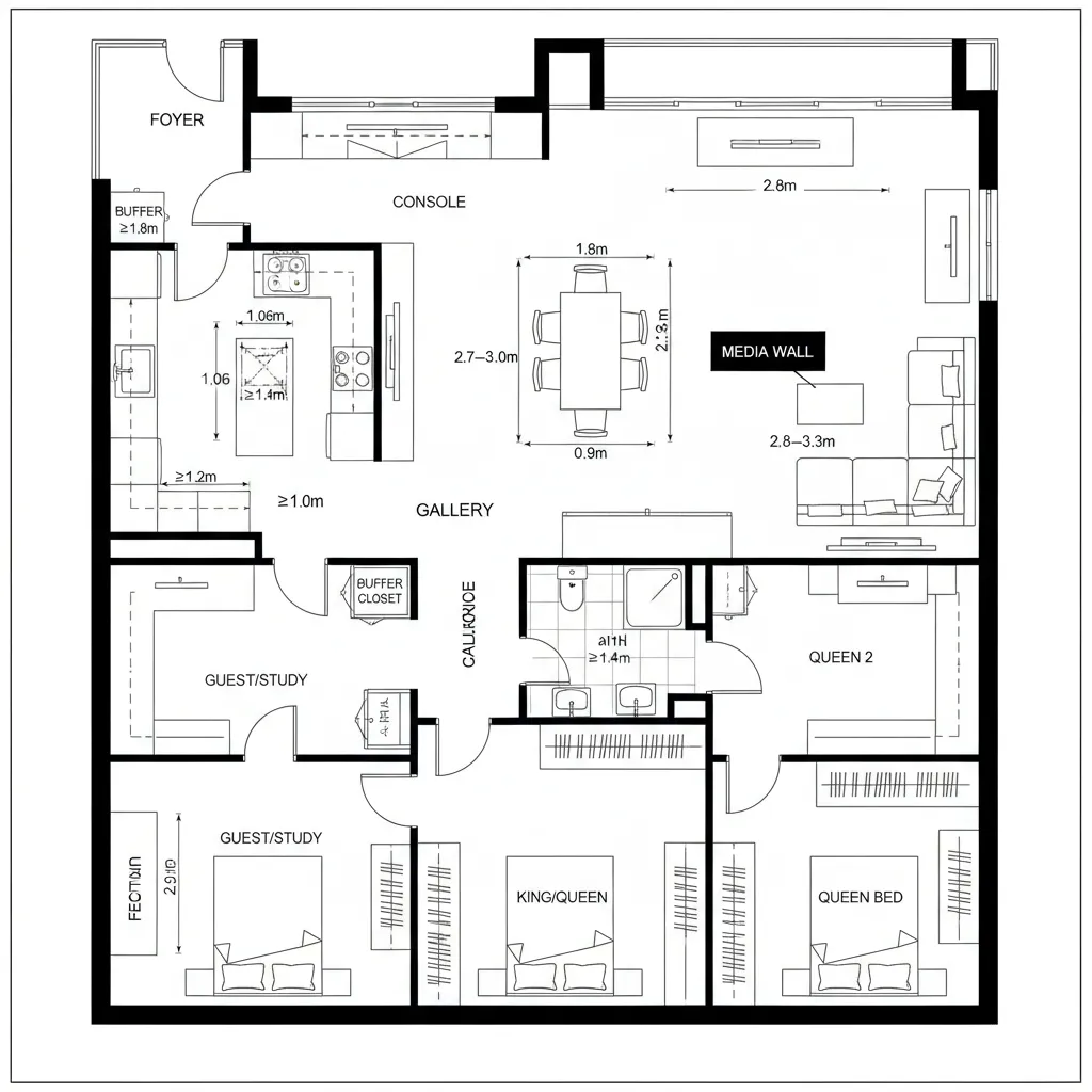 Detailed apartment room layout featuring four bedrooms kitchen dining area and large living room with measurements