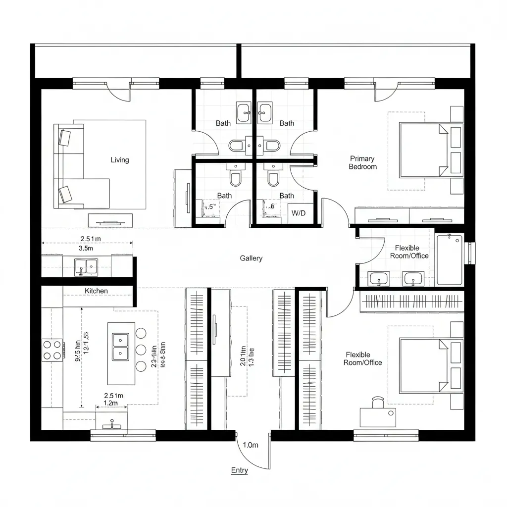 Top-down gallery spine plan mirroring into bright living/kitchen and bedroom bays