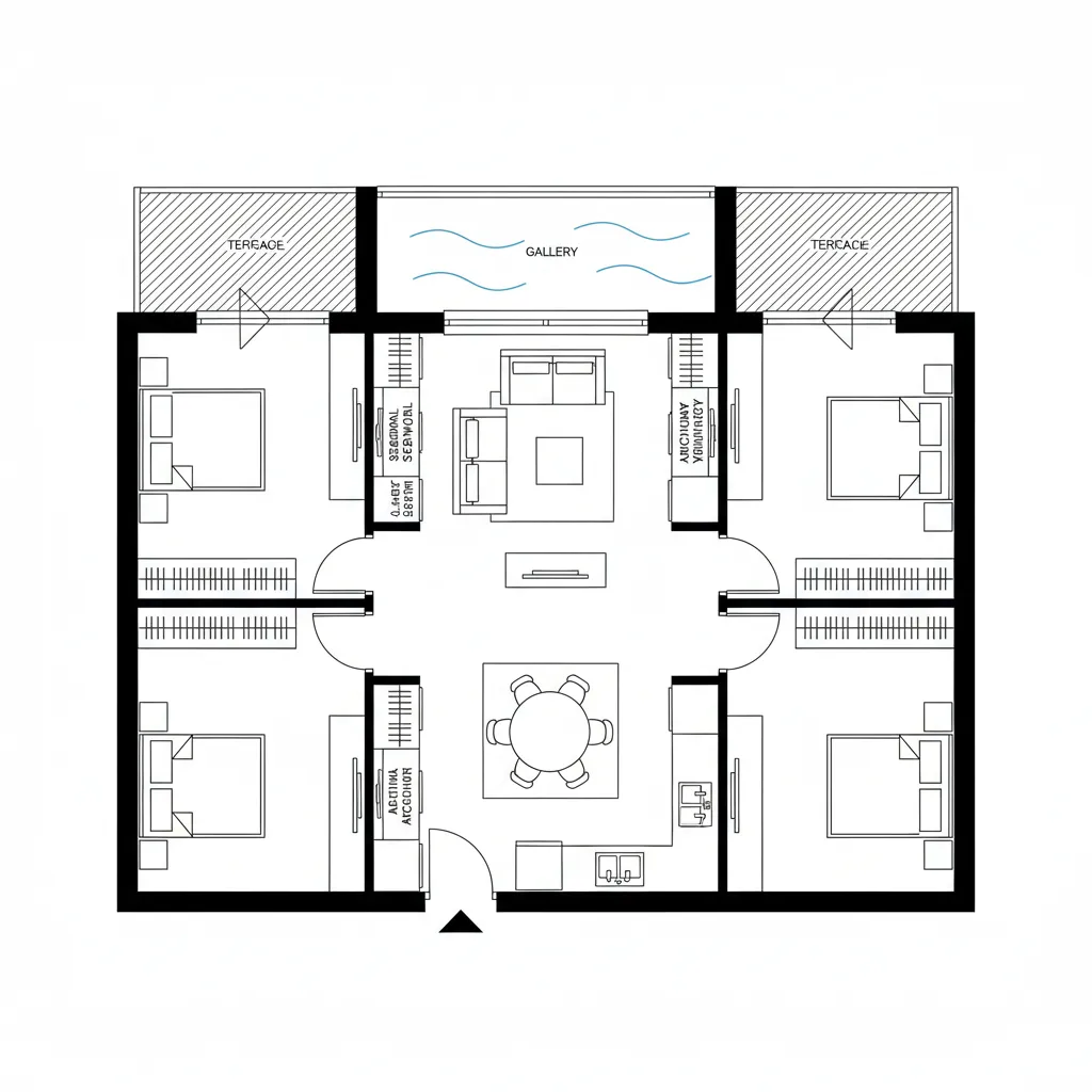 Top-down CAD plan with central gallery spine and branching bedroom suites