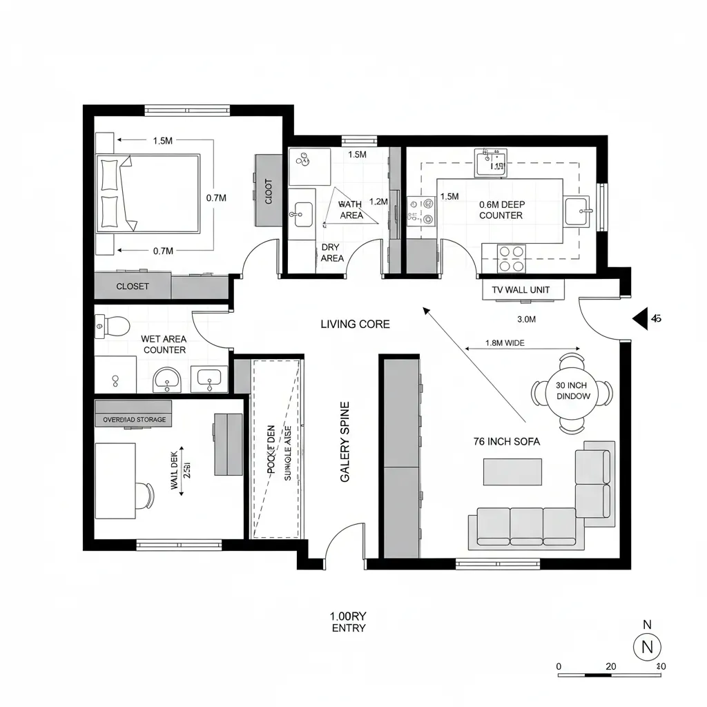 Top-down 2D plan showing widened gallery corridor with pocket den and looping kitchen