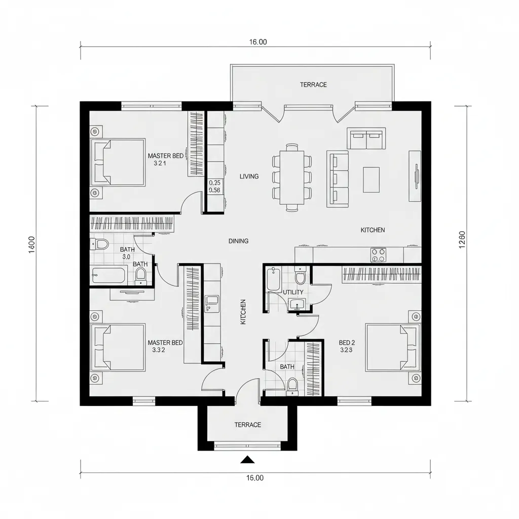 Top-down CAD plan showing an extra-wide central corridor with branching rooms and clear living-to-terrace flow