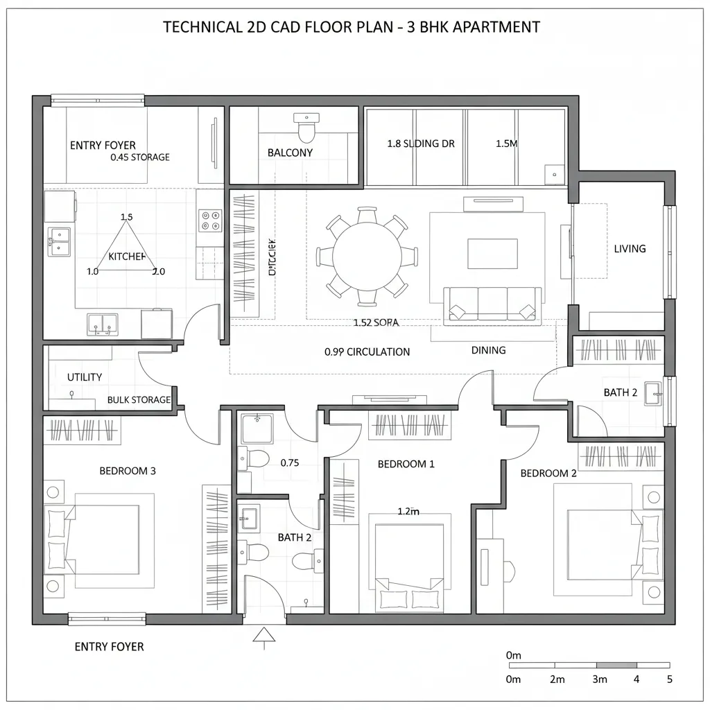Minimalist interior design drawing of a modern apartment corridor with white walls and grey sofa