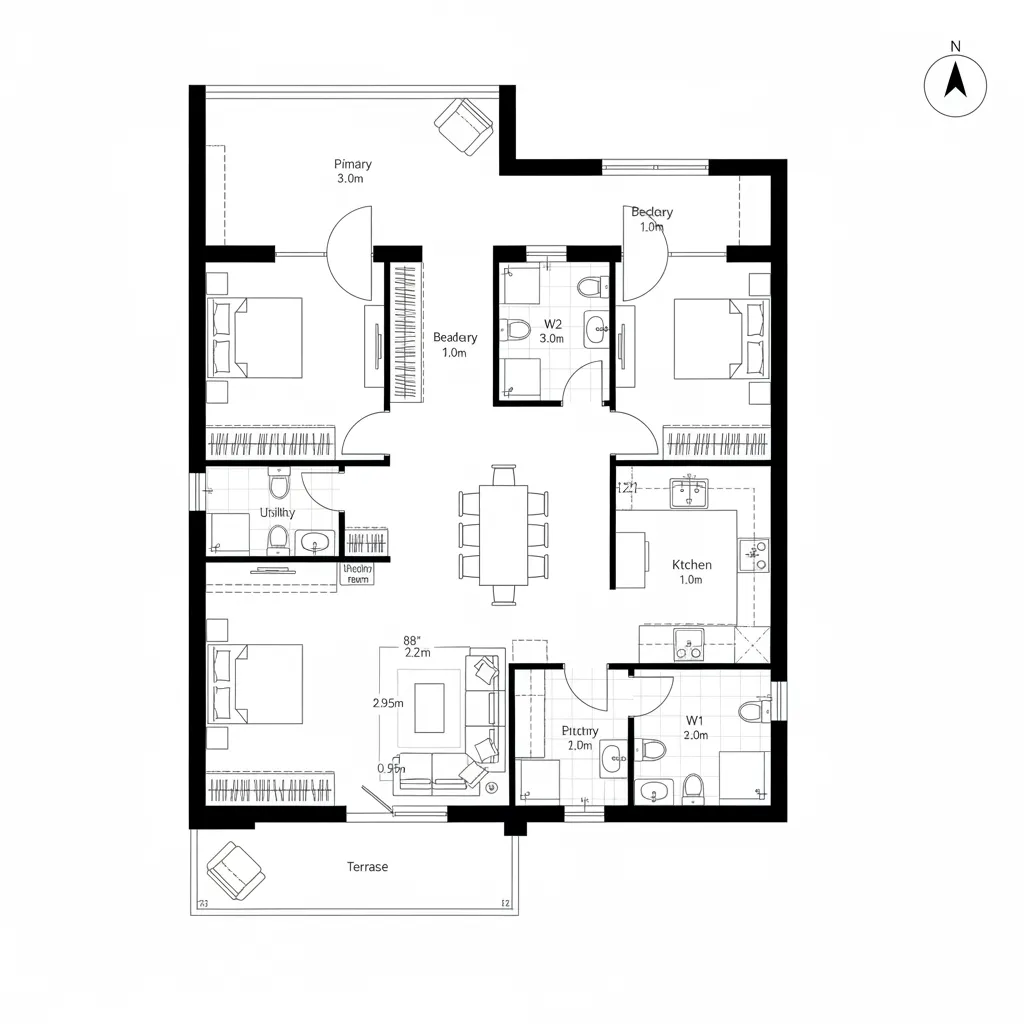 Top-down plan with gallery spine, west terrace, and split bedroom wing