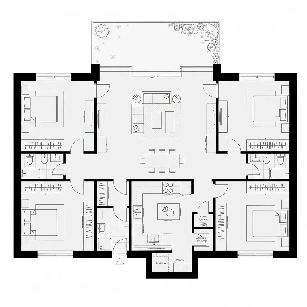 Floor plan of a four bedroom house with central living room kitchen and outdoor garden area