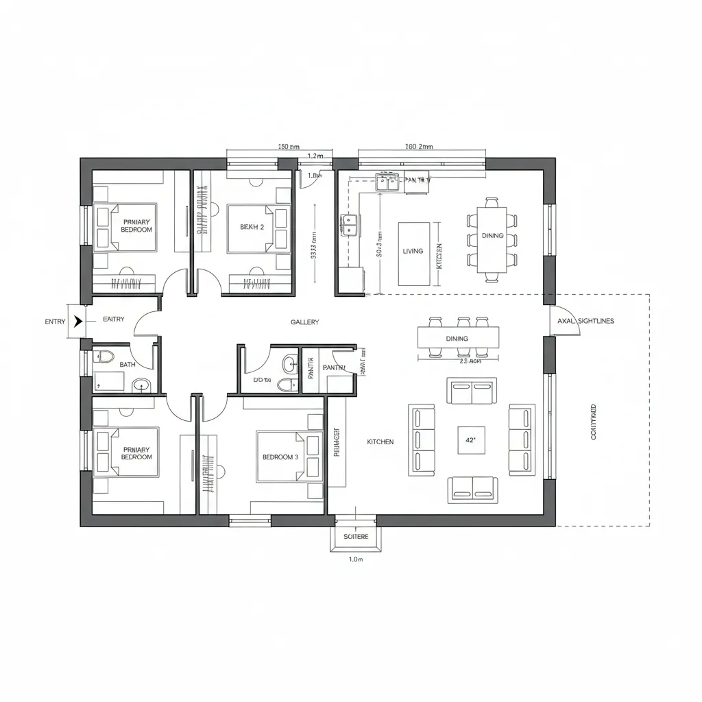 Detailed black and white floor plan with three bedrooms two dining areas and a kitchen