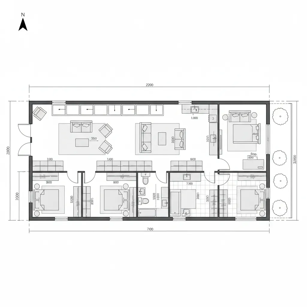 Detailed interior design drawing of a long rectangular house layout with living room and bedrooms