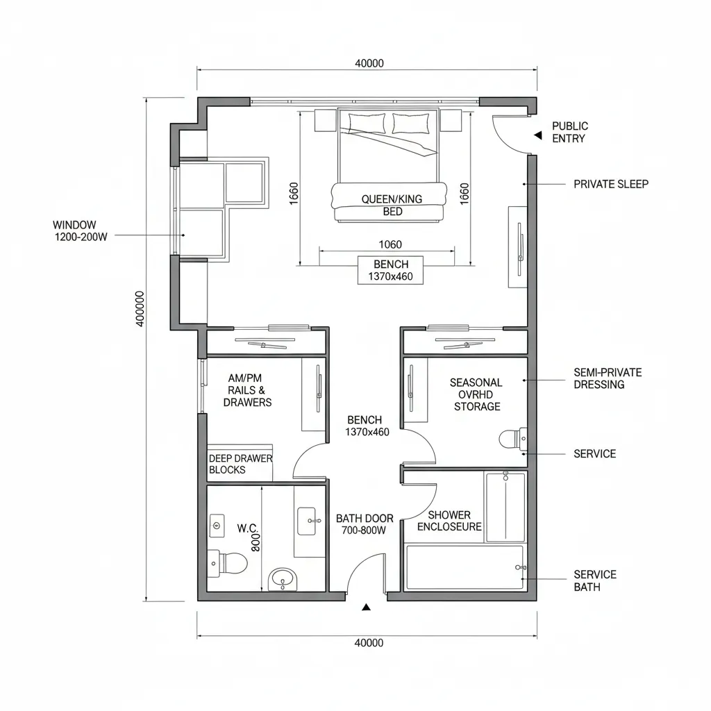 Floor plan layout of a bedroom suite with large bed dressing area and a bathroom