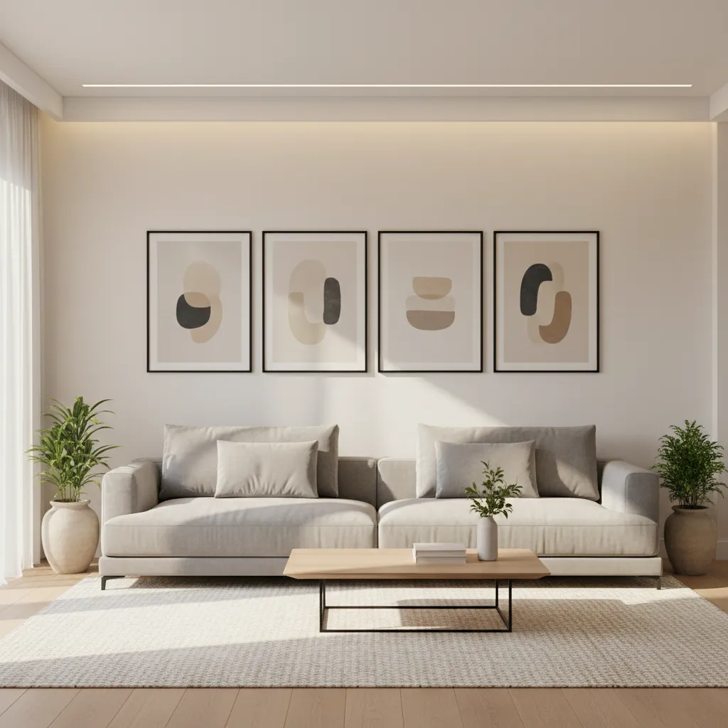 linear arrangement of identical frames above a sofa in a living room