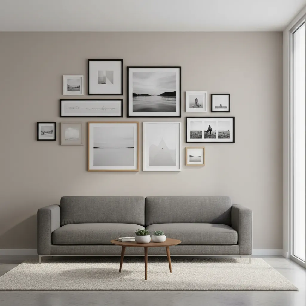 Example of horizontal alignment across framed photos on a wall
