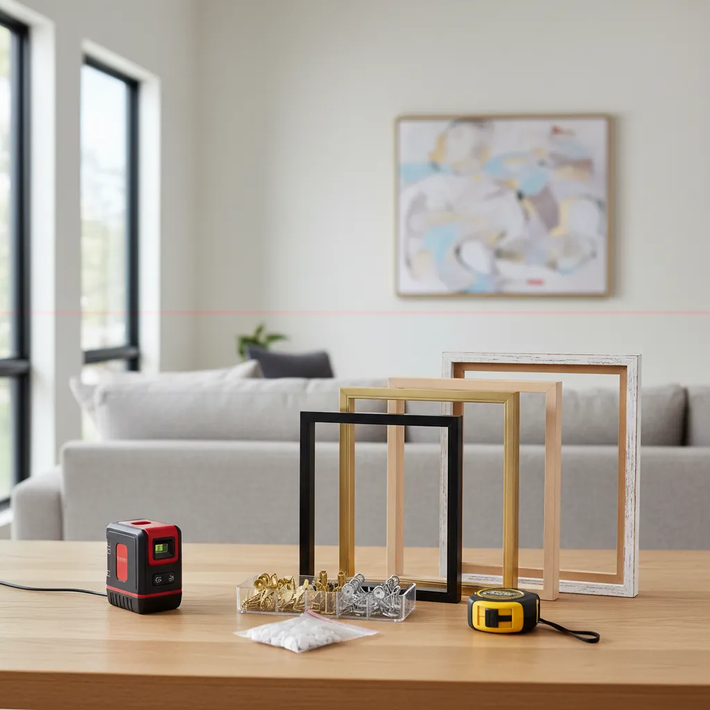 tools used to align picture frames including laser level and wall hooks