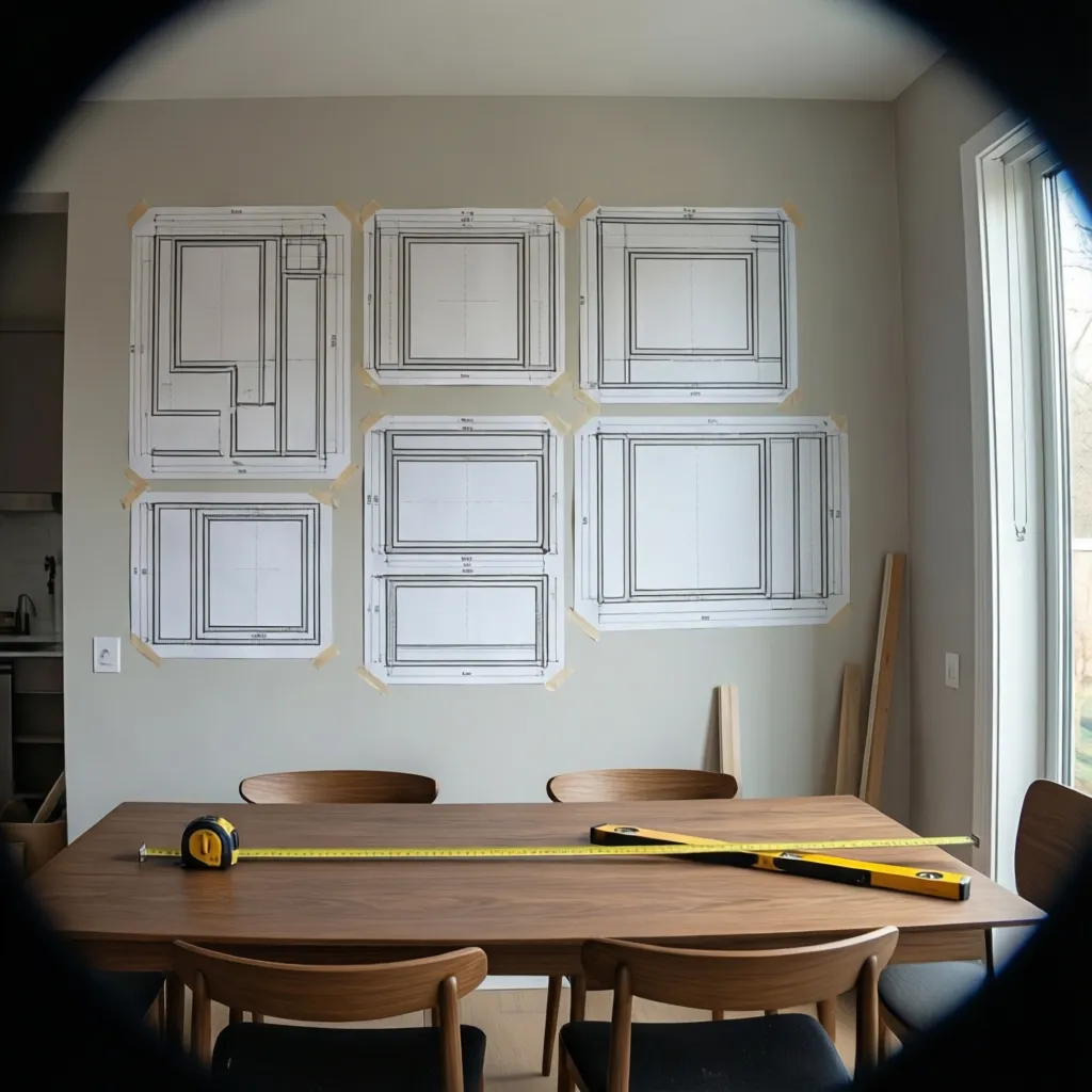 Using tape guides and measuring tools to align a gallery wall layout