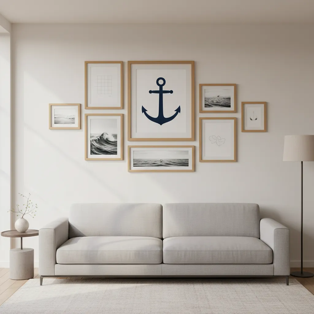 Gallery wall layout starting with a large anchor frame and surrounding smaller frames
