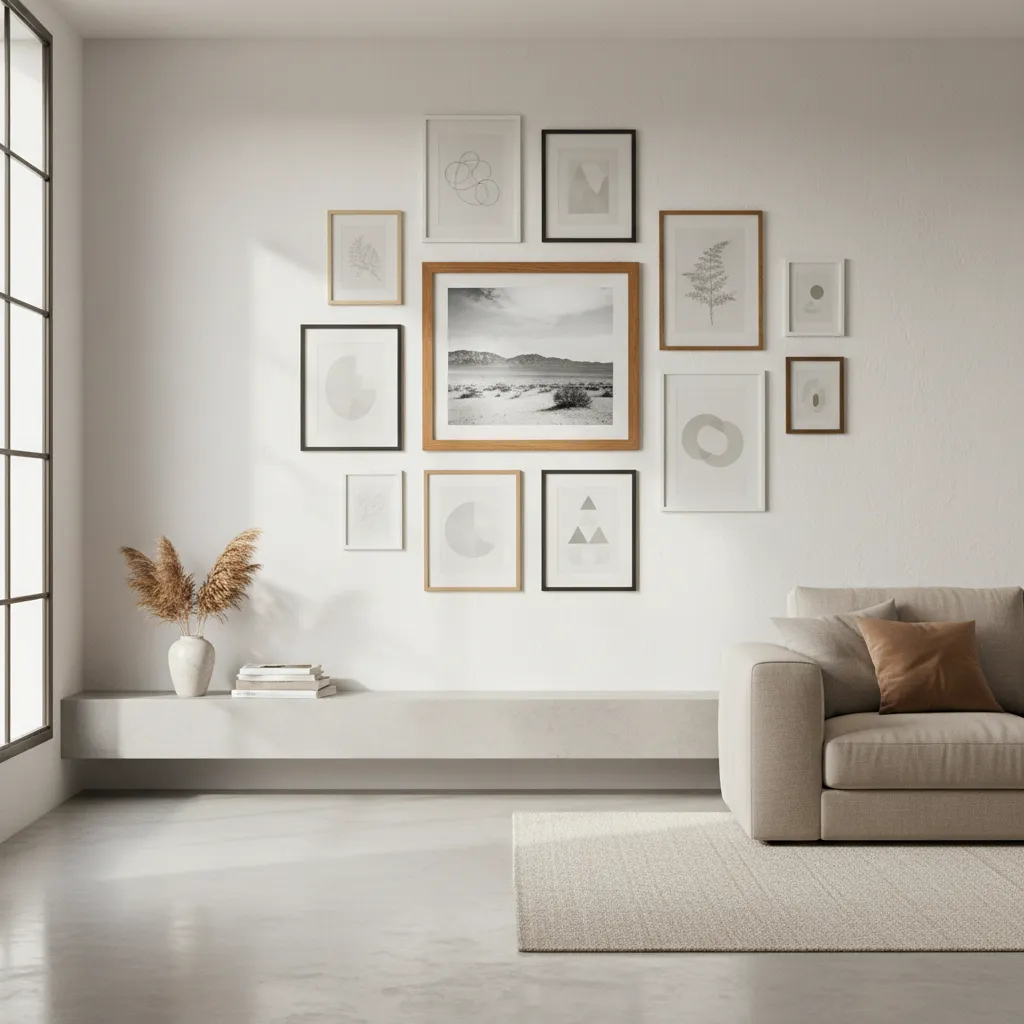 Interior designer gallery wall layout with central anchor frame and surrounding smaller frames