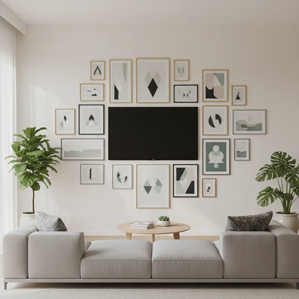 living room gallery wall surrounding a mounted TV with framed artwork