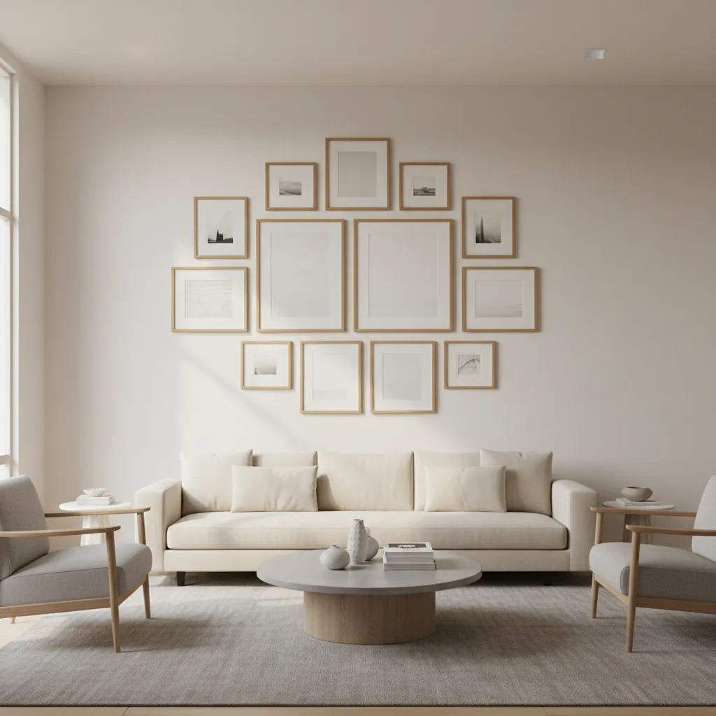 Different frame sizes balanced across a gallery wall composition