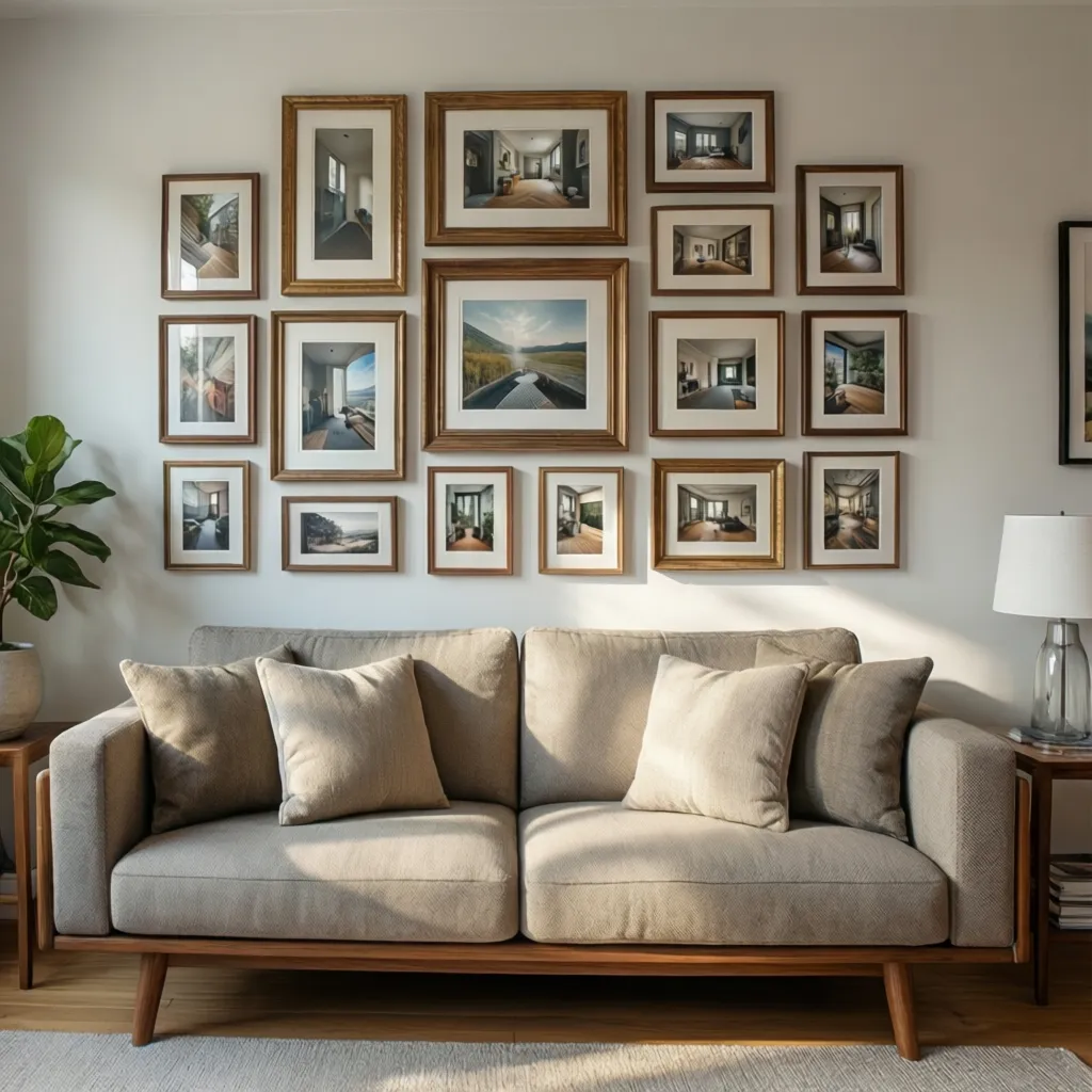 Modern beige sofa with pillows below a gallery wall of many framed photos and plant