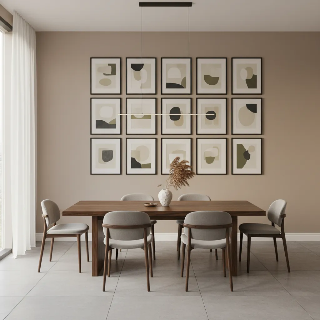 Dining room gallery wall arrangement with multiple frames above table