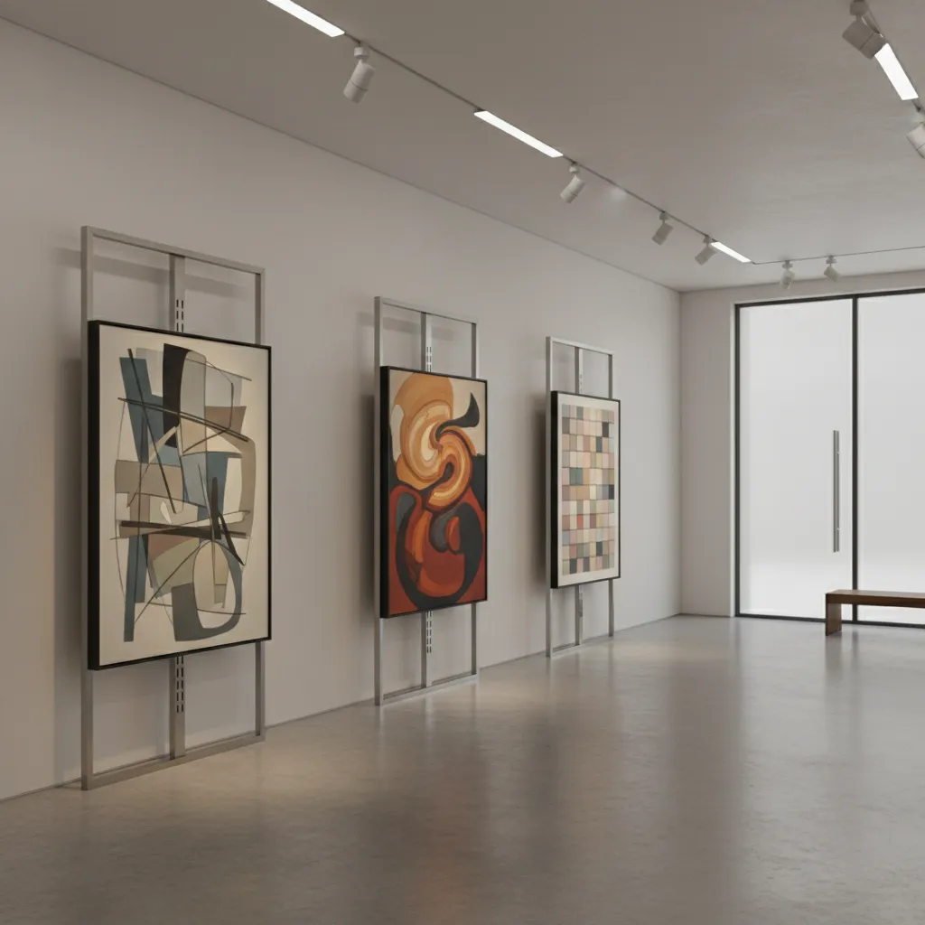 Minimal gallery staging area using wall easels to display multiple paintings