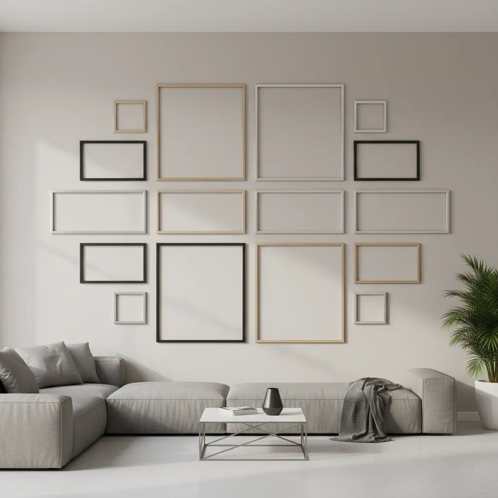 Gallery wall layout showing mixed frame sizes arranged in a balanced composition