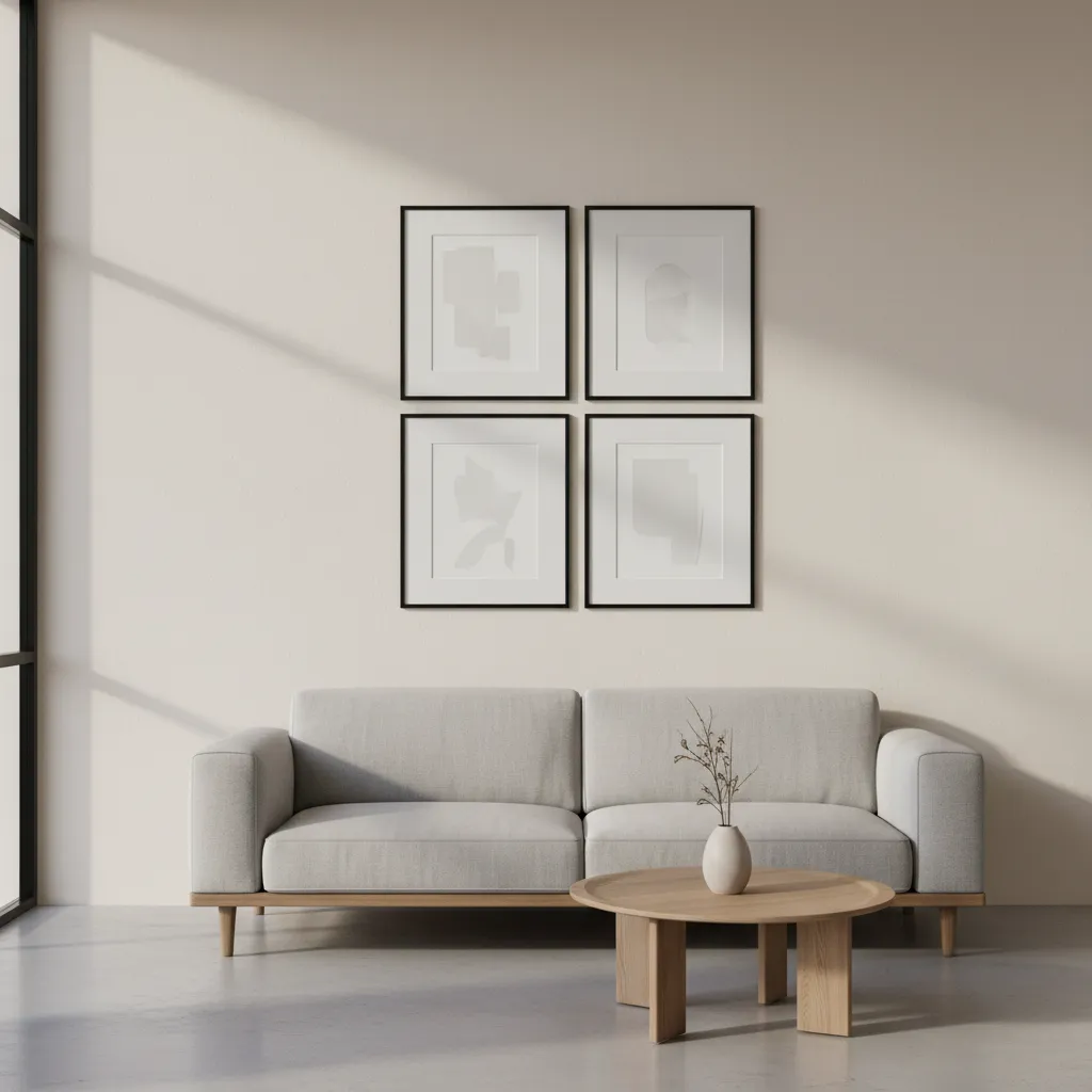 Four picture frames aligned with equal spacing in a clean grid layout