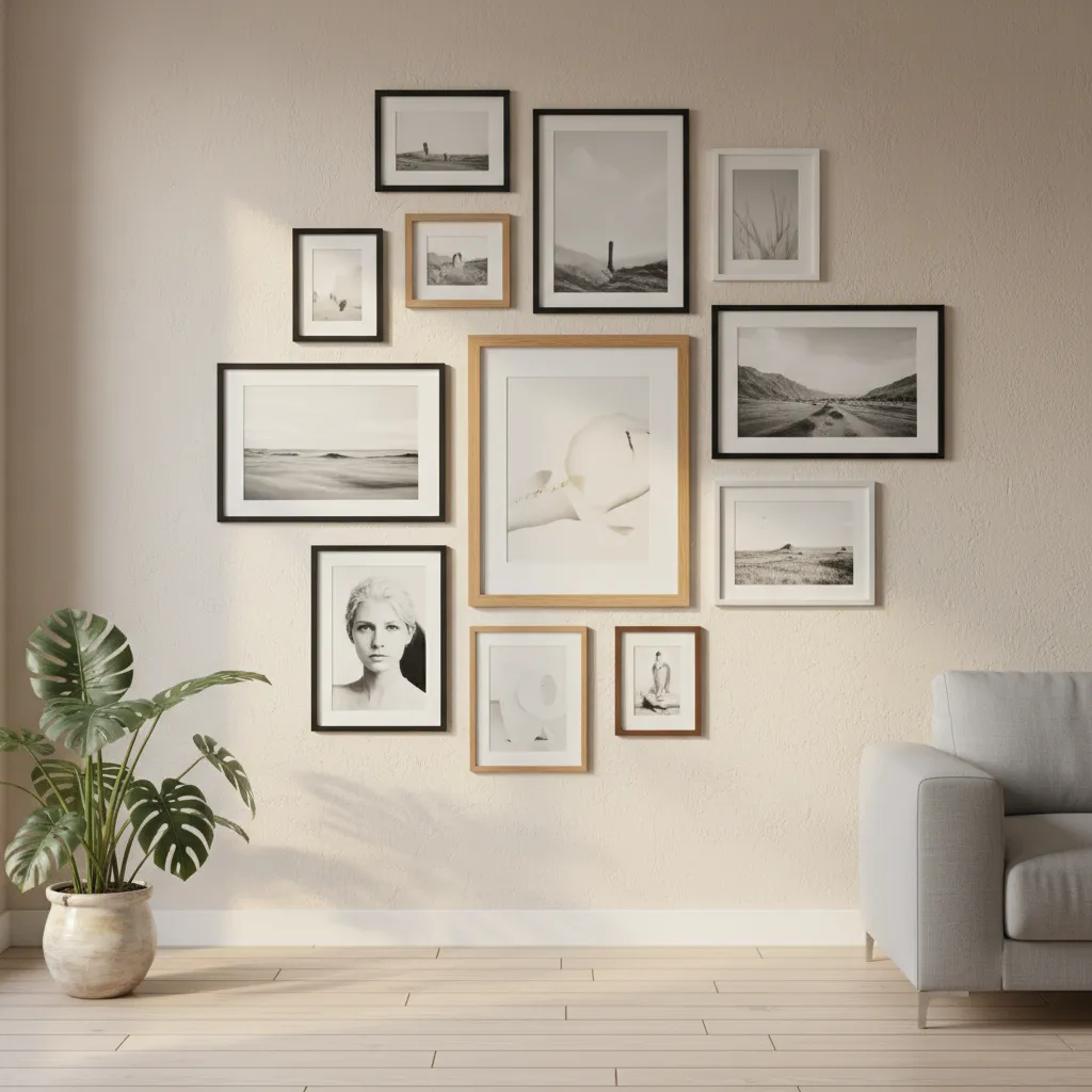 different frame styles used in staircase gallery walls