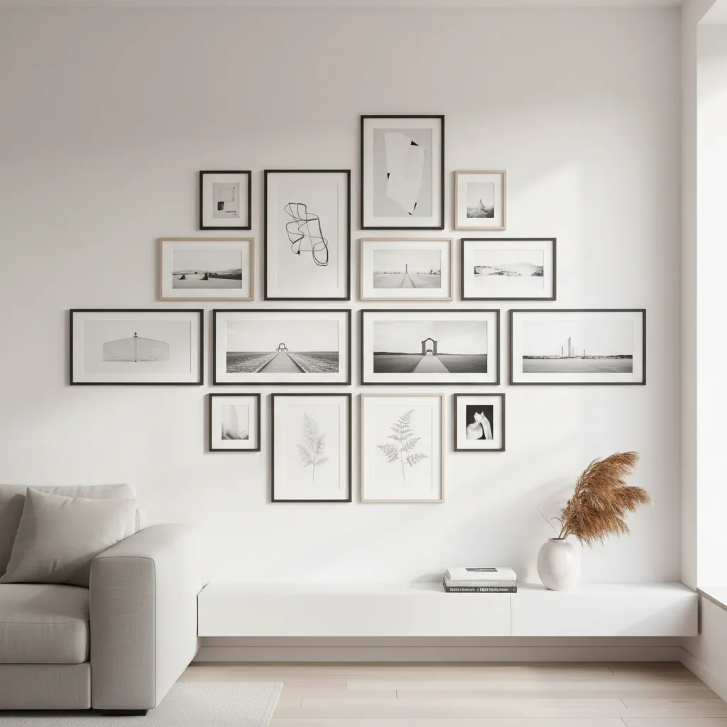grid aligned gallery wall layout with mixed frame sizes