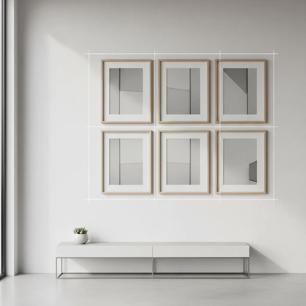 grid layout arrangement for identical picture frames on a wall
