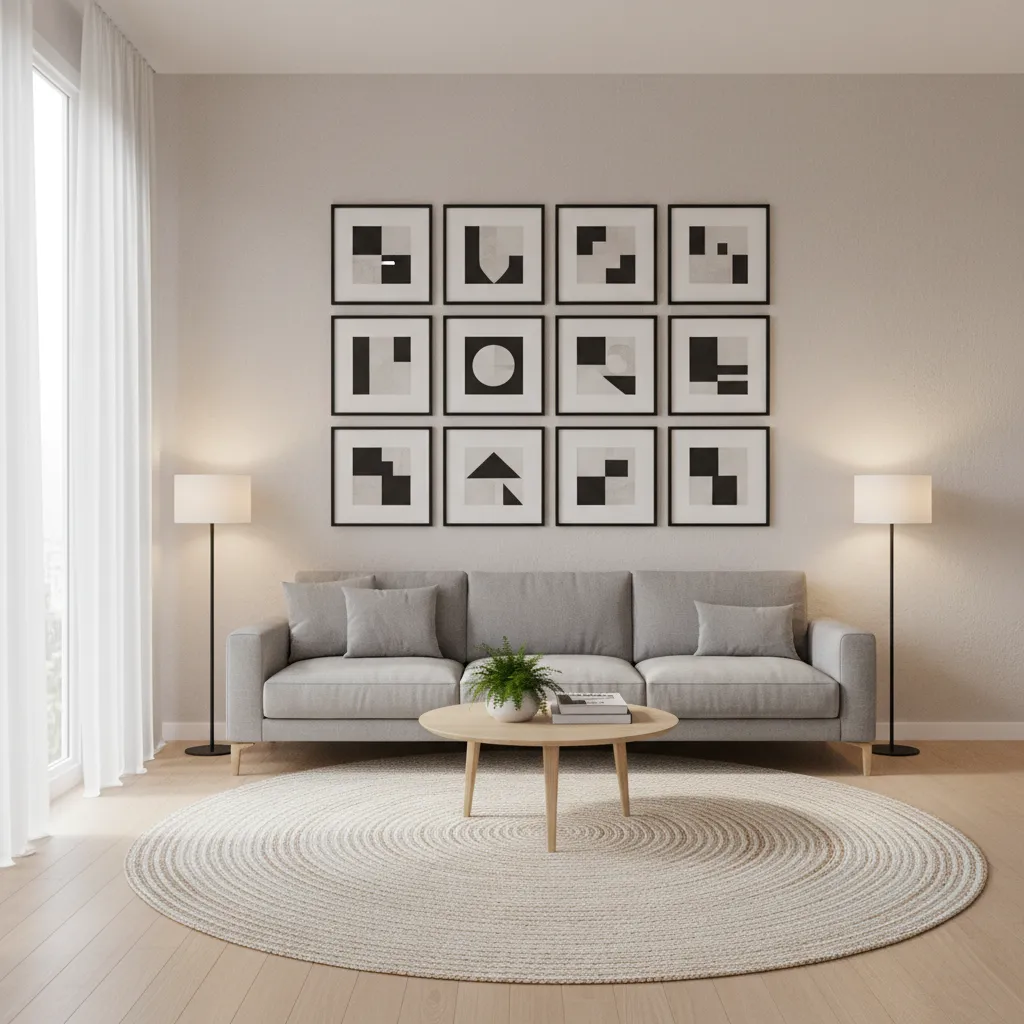 Living room wall with evenly spaced identical frames above a sofa