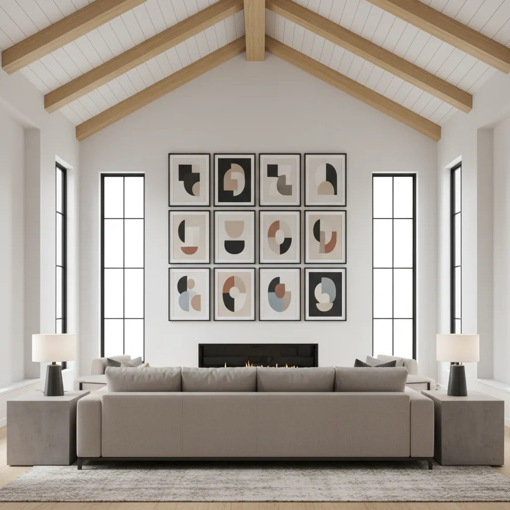 Structured gallery wall layout above sofa in a vaulted ceiling living room