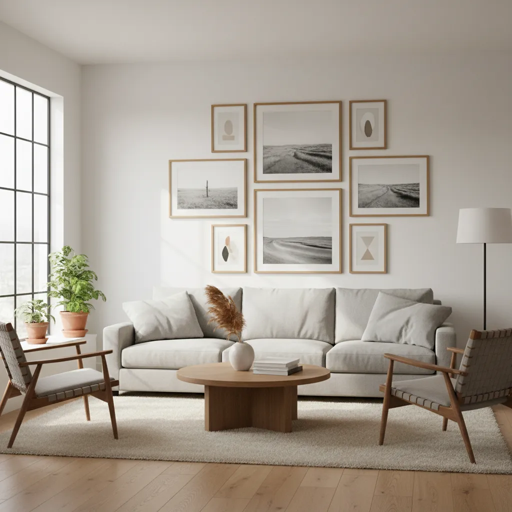 Living room wall with multiple framed artworks arranged as a gallery wall