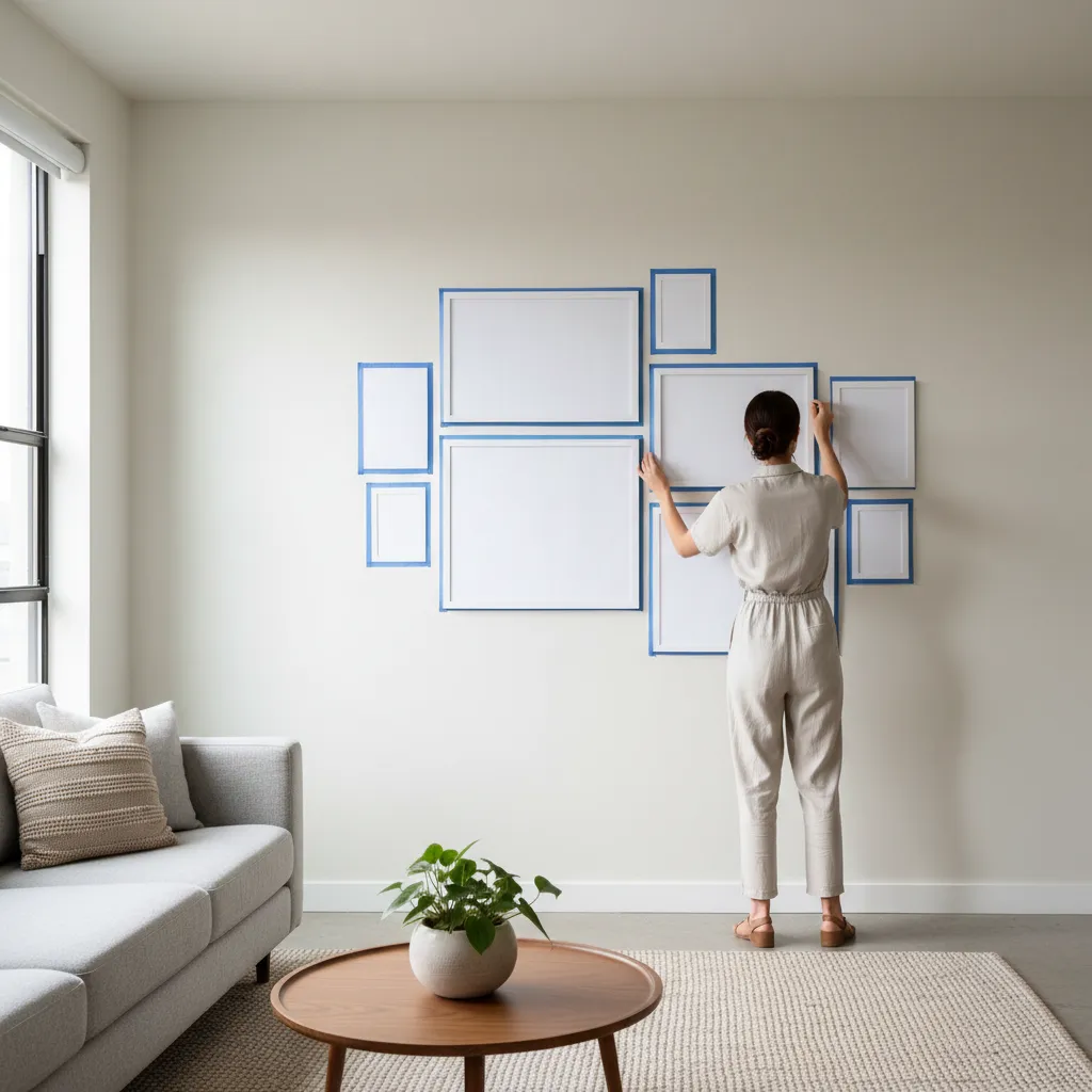 designer planning a gallery wall layout with paper templates on a wall