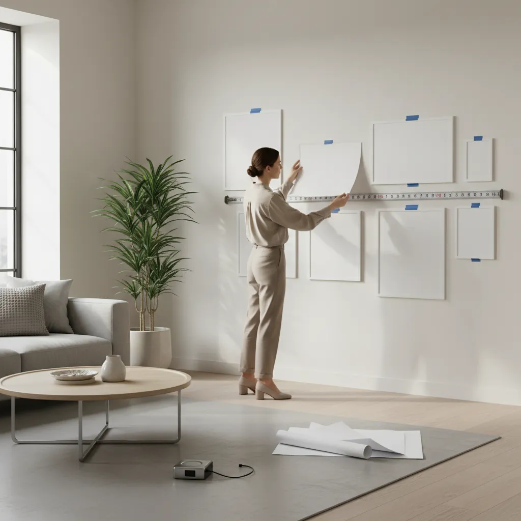 designer planning gallery wall layout with paper templates on wall