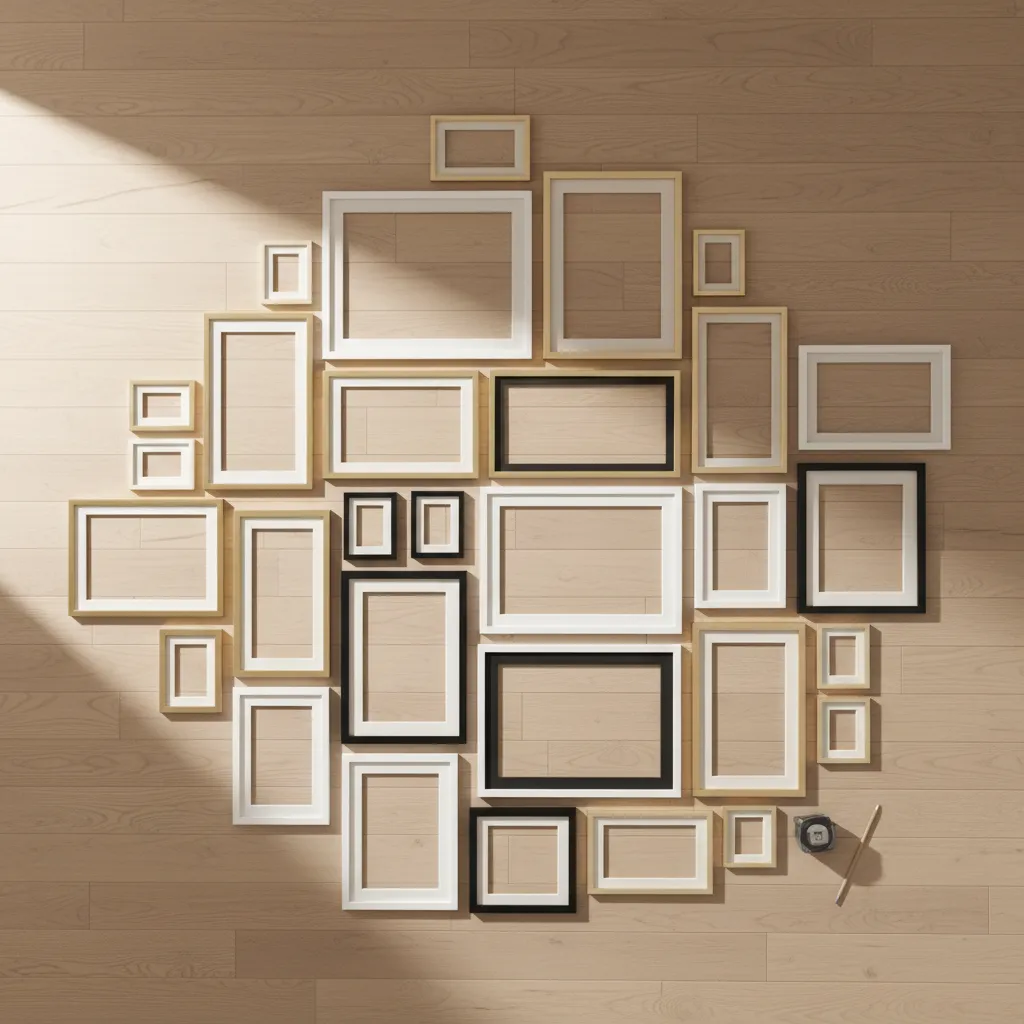planning gallery wall layout on floor with frames before hanging