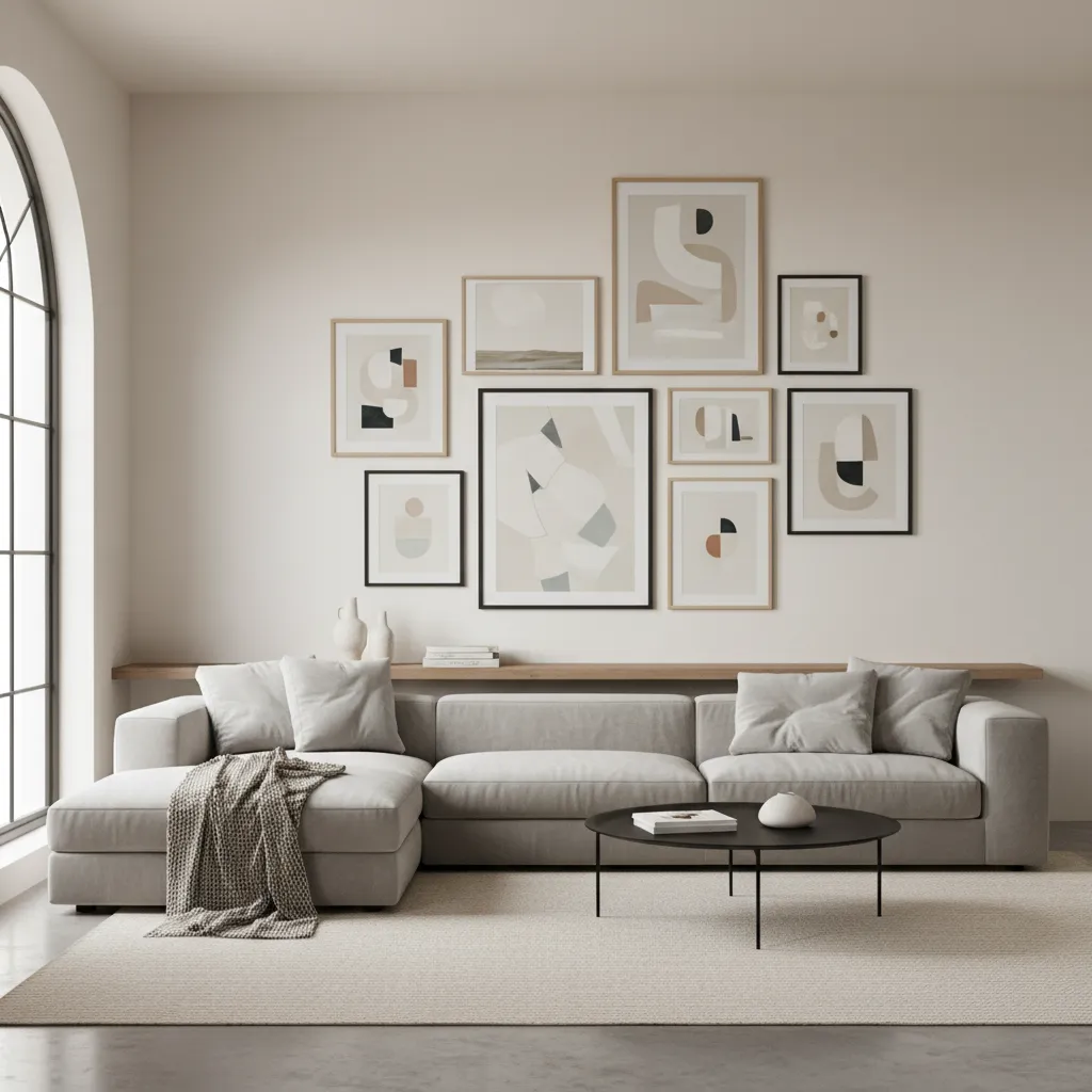 Large living room with gallery wall of art long grey sofa round coffee table rug