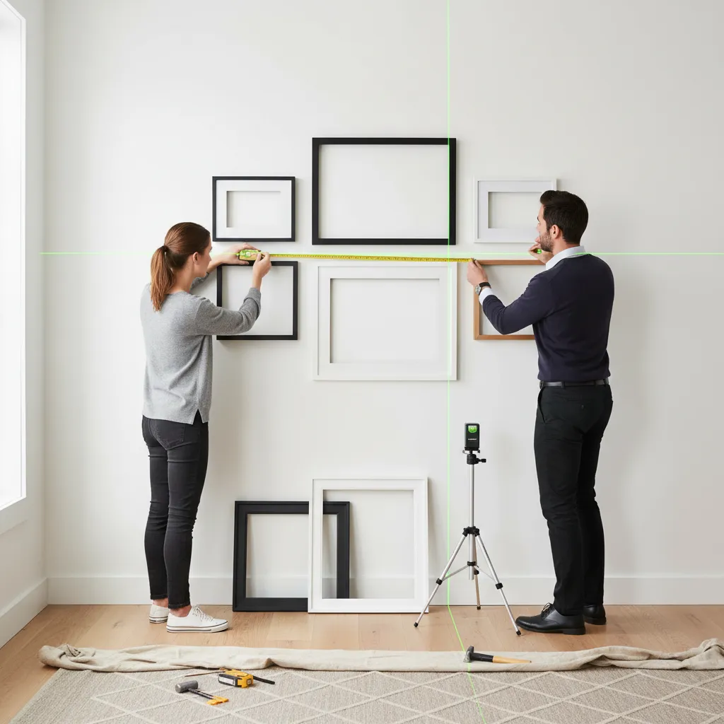 measuring tape and level used to align gallery wall frames